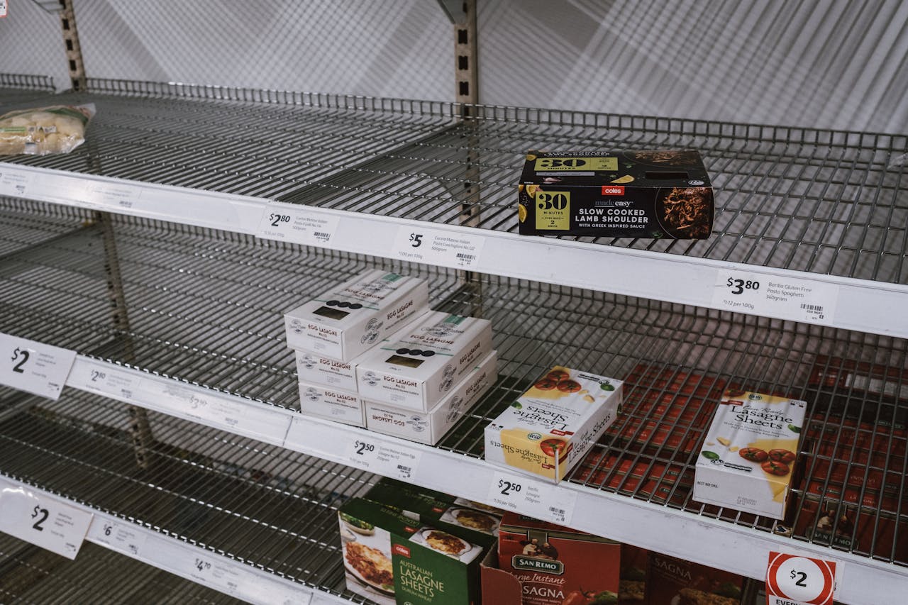 Image of partially empty grocery shelves in Sydney highlighting food scarcity.